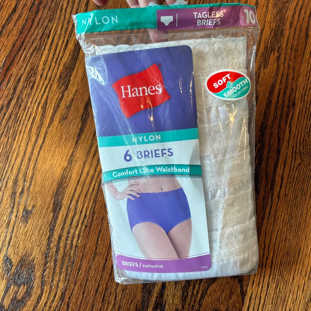 NEW Hanes Womens White Nylon Briefs 6 Pk Lace Waistband Size 10 Tagless Sealed